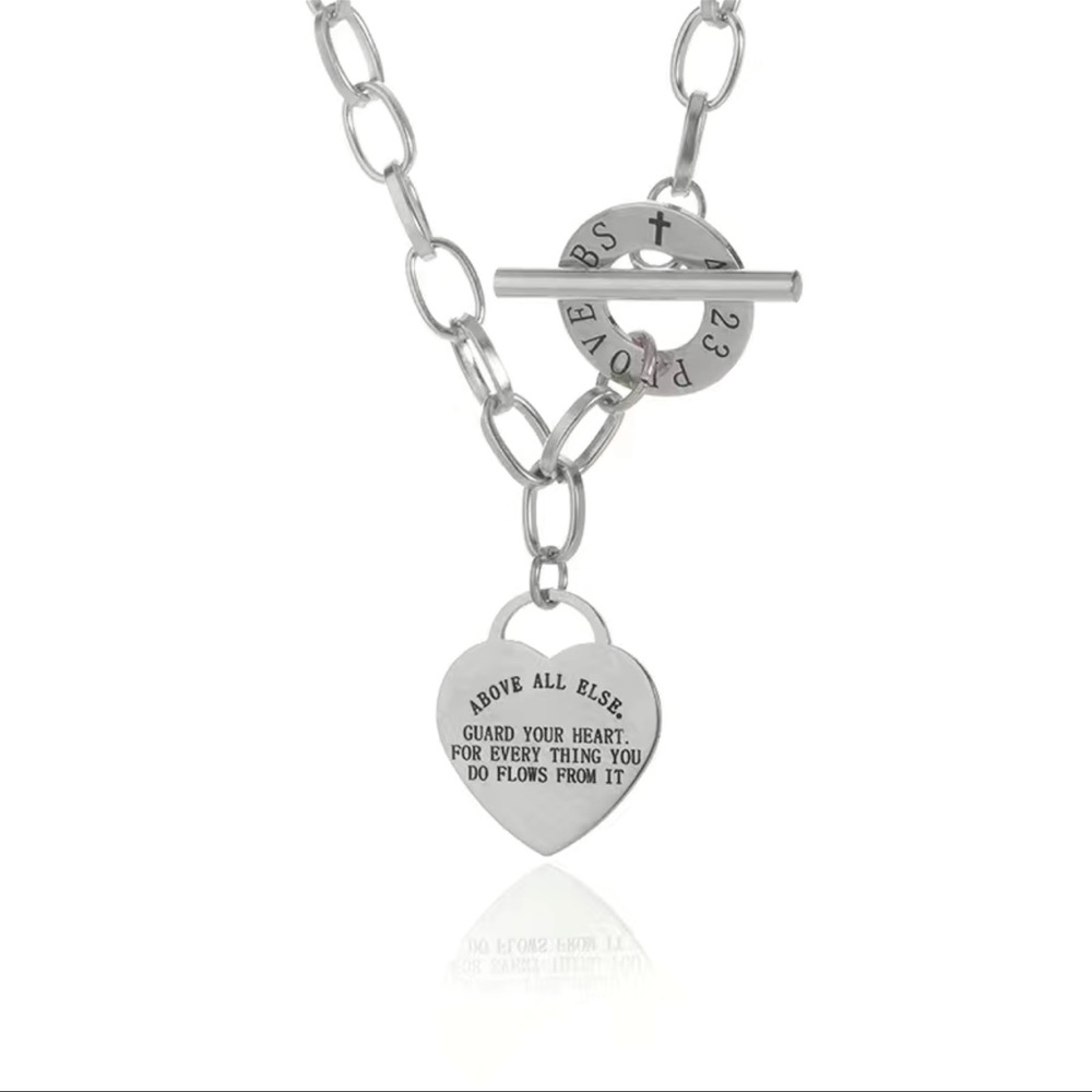 New Proverbs 4:23 Handmade 316L Stainless Steel Cross Heart Pendant Necklace